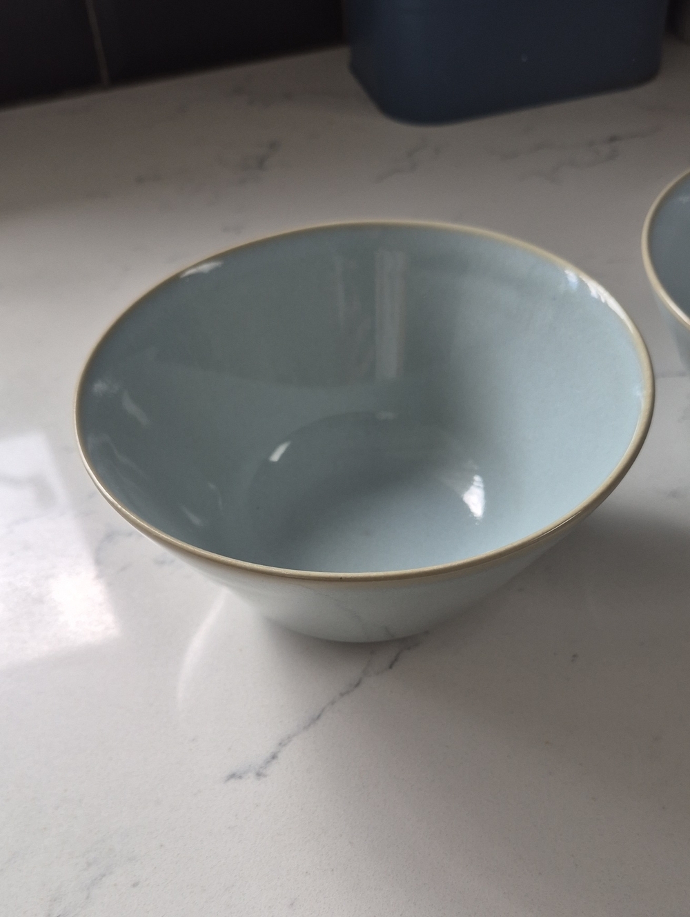 West Elm Light Blue Ceramic Bowl with Gold Trim